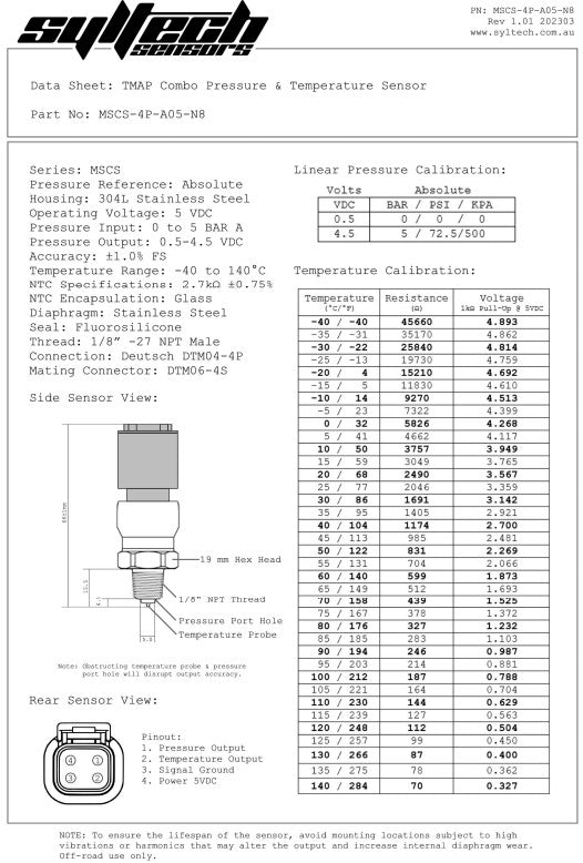 Syltech MSCS-4P-A05-N8 Pressure & Air Temp Combo 5 Bar MAP Sensor